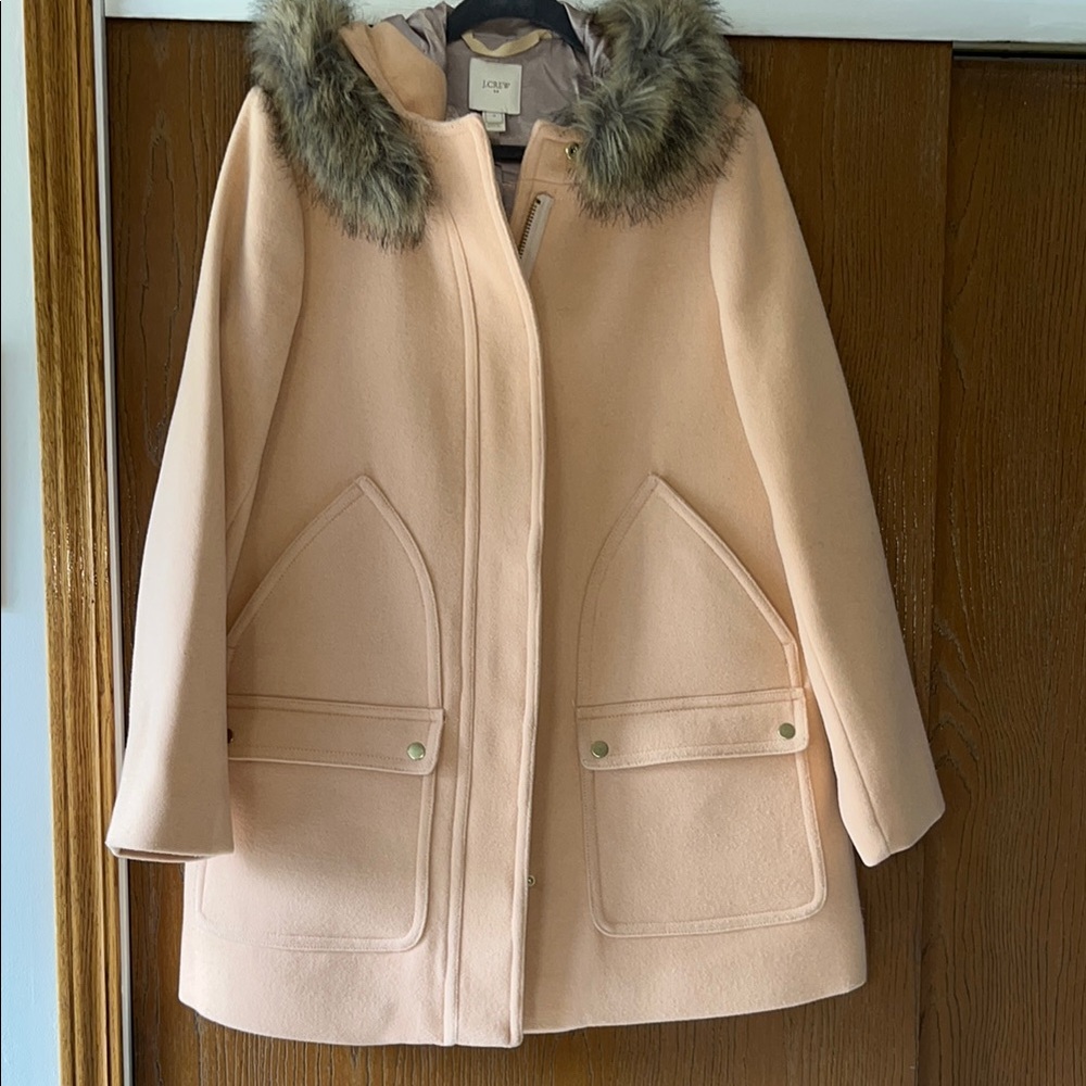 J Crew Women's Blush Wool Coat with Fur Trim